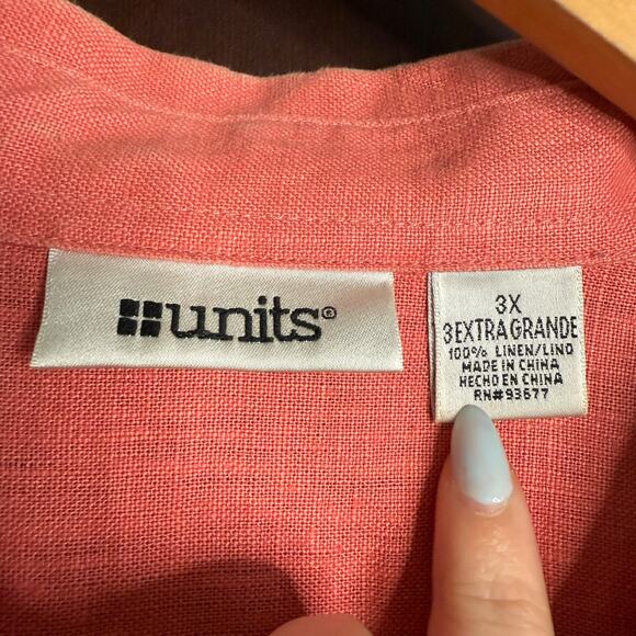 UNITS | Coral Linen Long Sleeve Chest Pocket Blouse Ladder Stitch | Size 3X - Picture 3 of 6